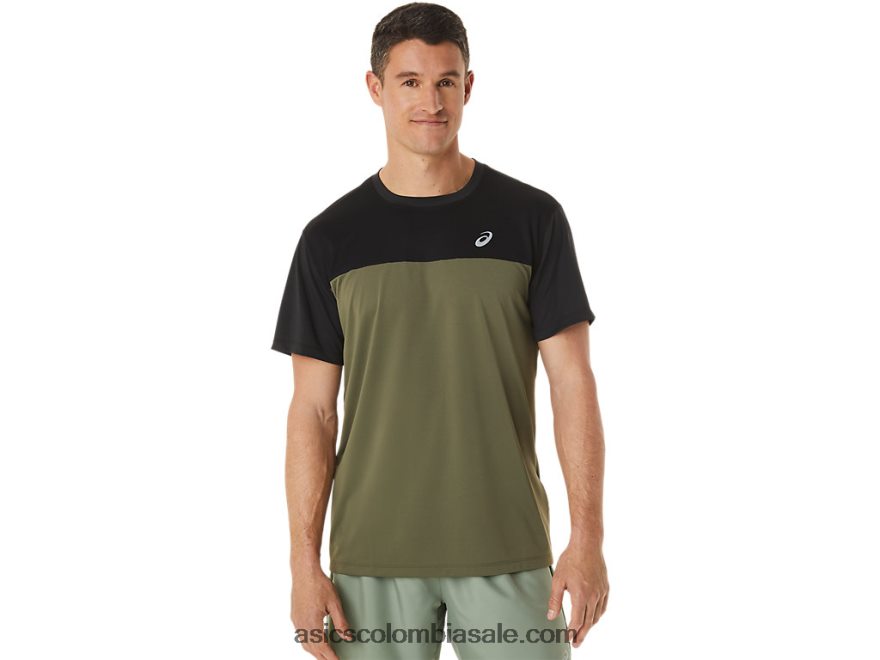 hombres Asics camiseta de carrera de manga corta negro rendimiento/verde manto 20X82N1116
