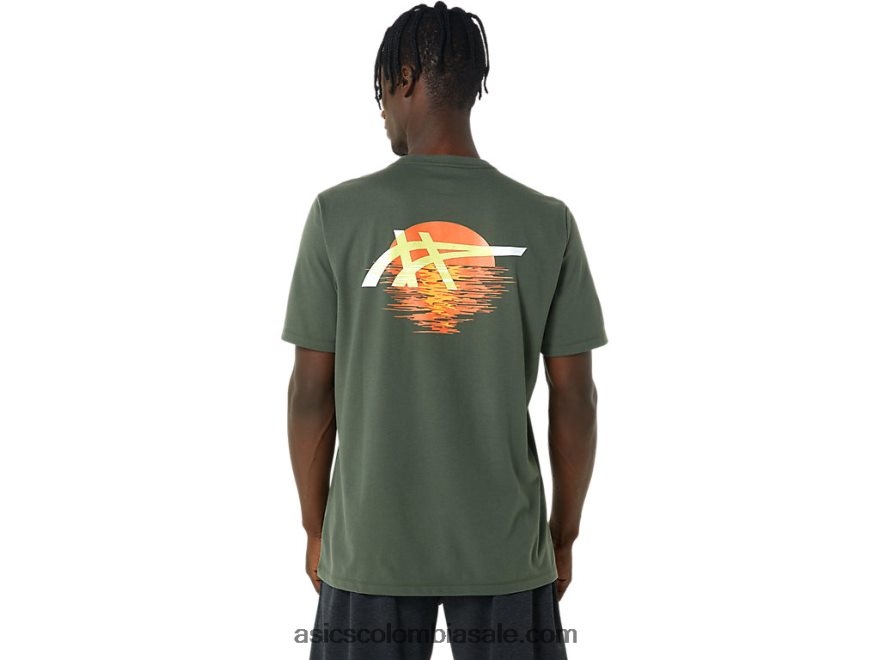 hombres Asics camiseta rayas amanecer lienzo de oliva 20X82N787