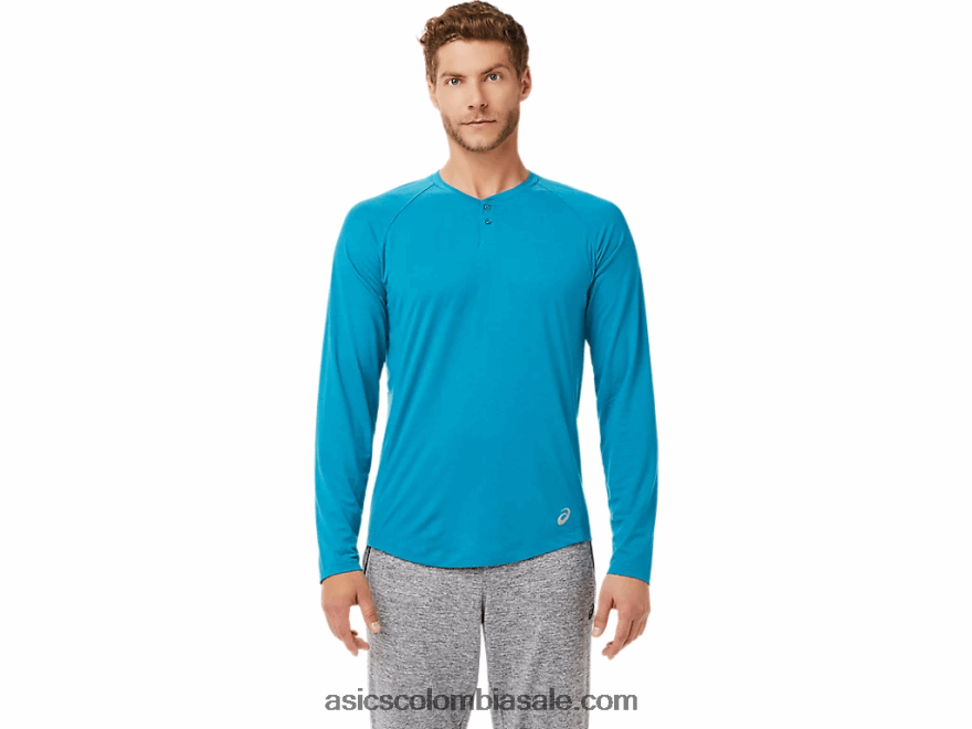 hombres Asics henley de manga larga perforada brezo azul turquesa 20X82N2026