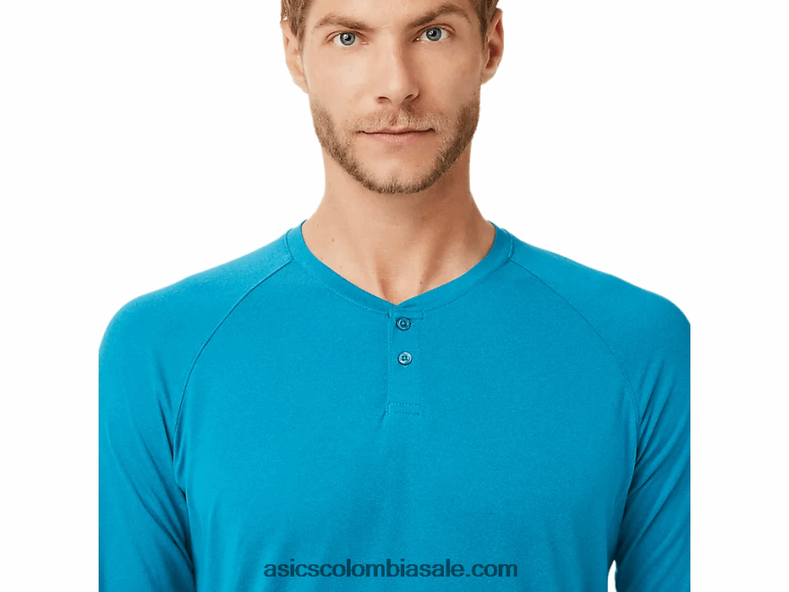 hombres Asics henley de manga larga perforada brezo azul turquesa 20X82N2026