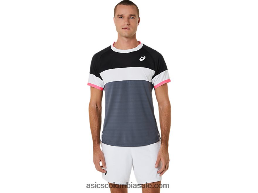 hombres Asics partido top de manga corta negro rendimiento/gris portador 20X82N454
