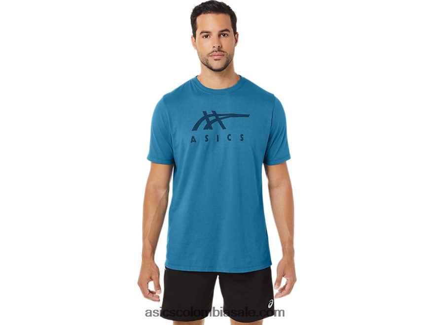 hombres Asics playera de manga corta a rayas isla azul brezo 20X82N166