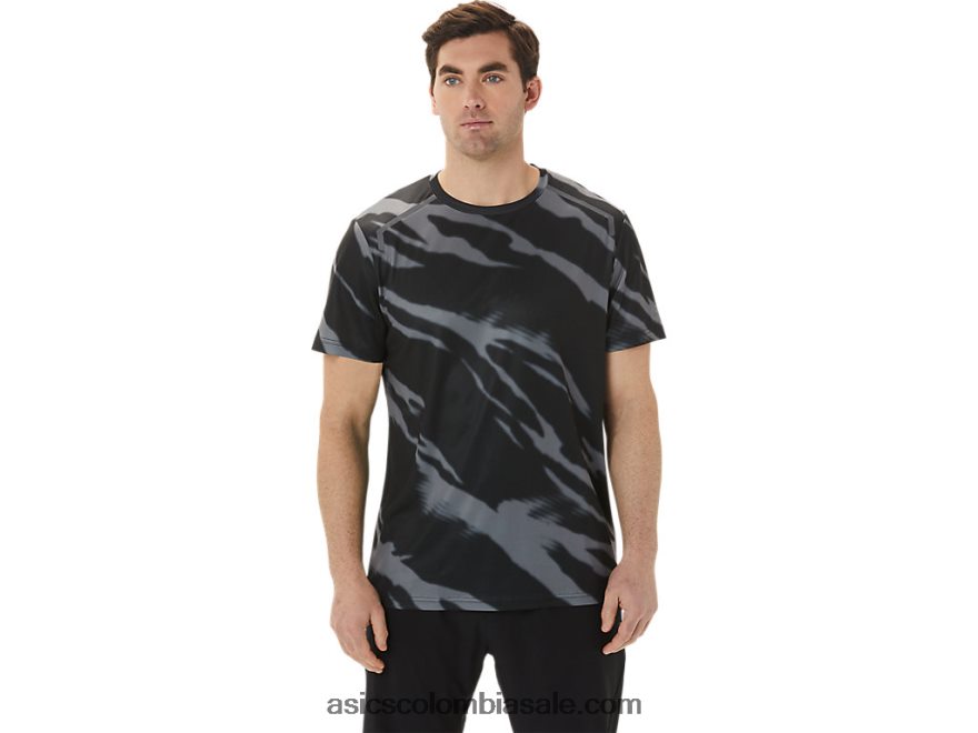 hombres Asics top de manga corta con estampado completo de temporada rendimiento negro/gris grafito 20X82N1009