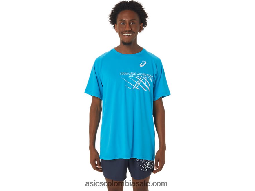 hombres Asics top de manga corta con estampado de línea de meta isla azul 20X82N237