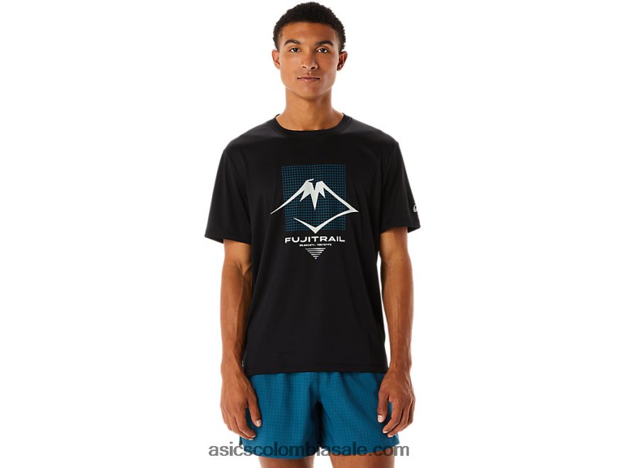 hombres Asics top de manga corta con logo fujitrail rendimiento negro 20X82N526