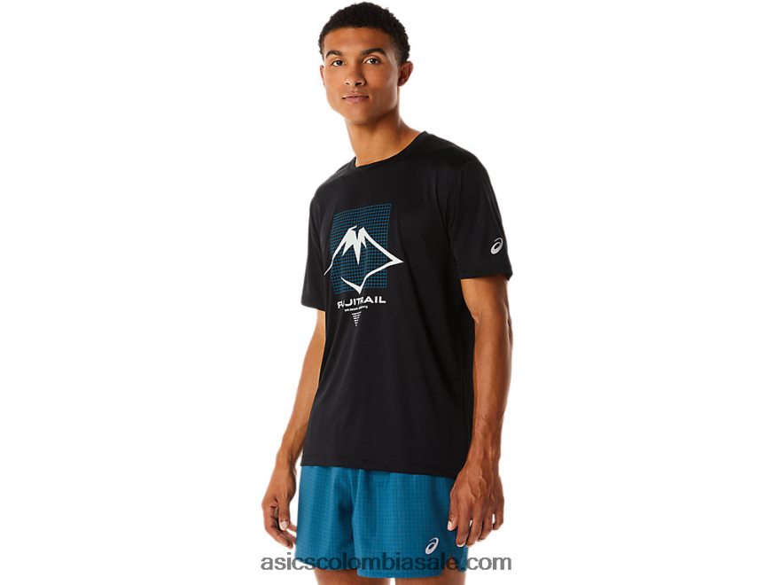 hombres Asics top de manga corta con logo fujitrail rendimiento negro 20X82N526