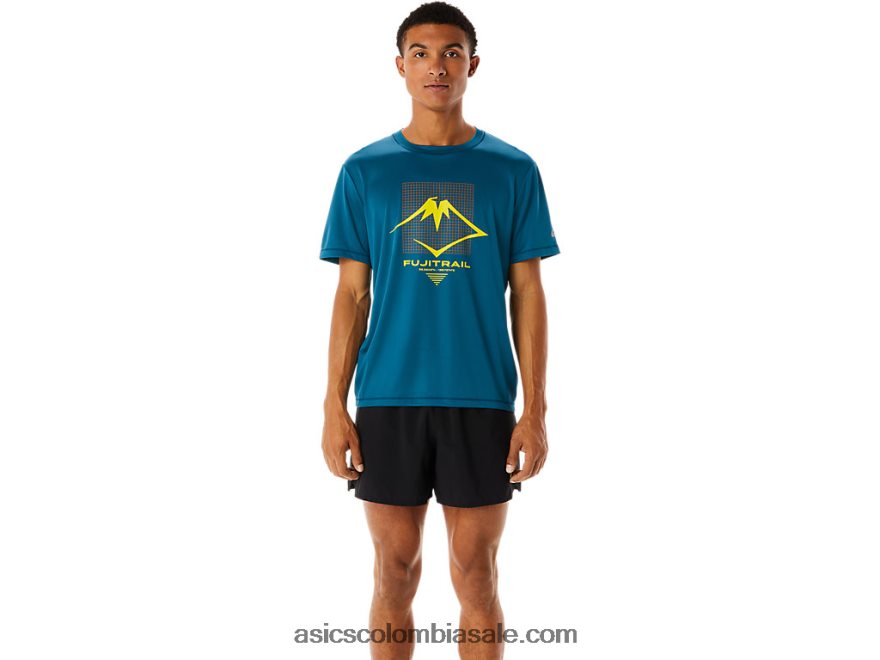 hombres Asics top de manga corta con logo fujitrail tinta verde azulado 20X82N436