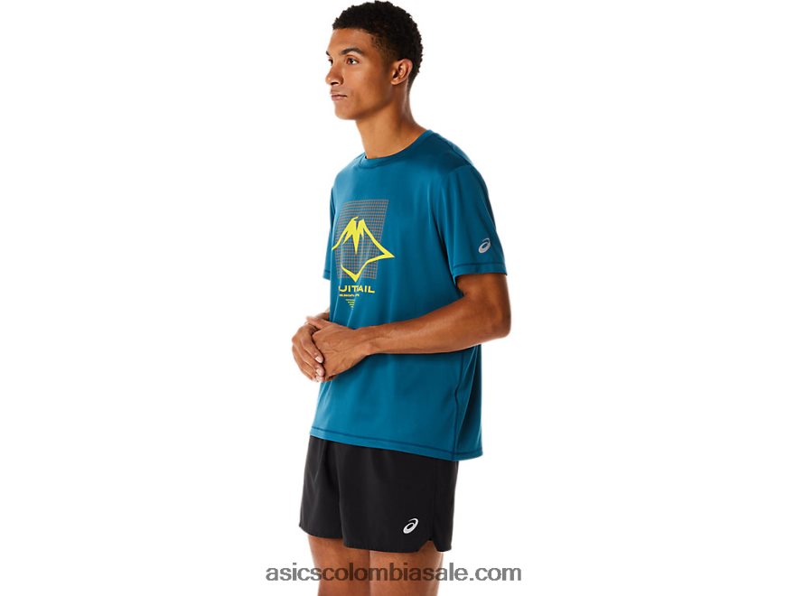 hombres Asics top de manga corta con logo fujitrail tinta verde azulado 20X82N436
