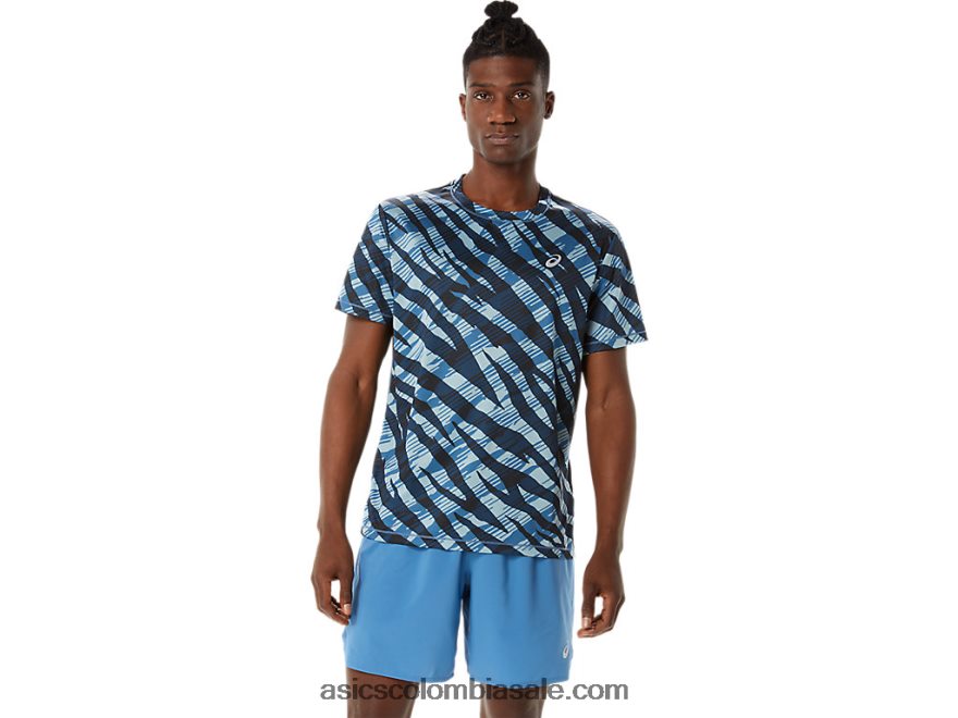 hombres Asics top de manga corta de camuflaje salvaje azul celeste/negro rendimiento 20X82N1058