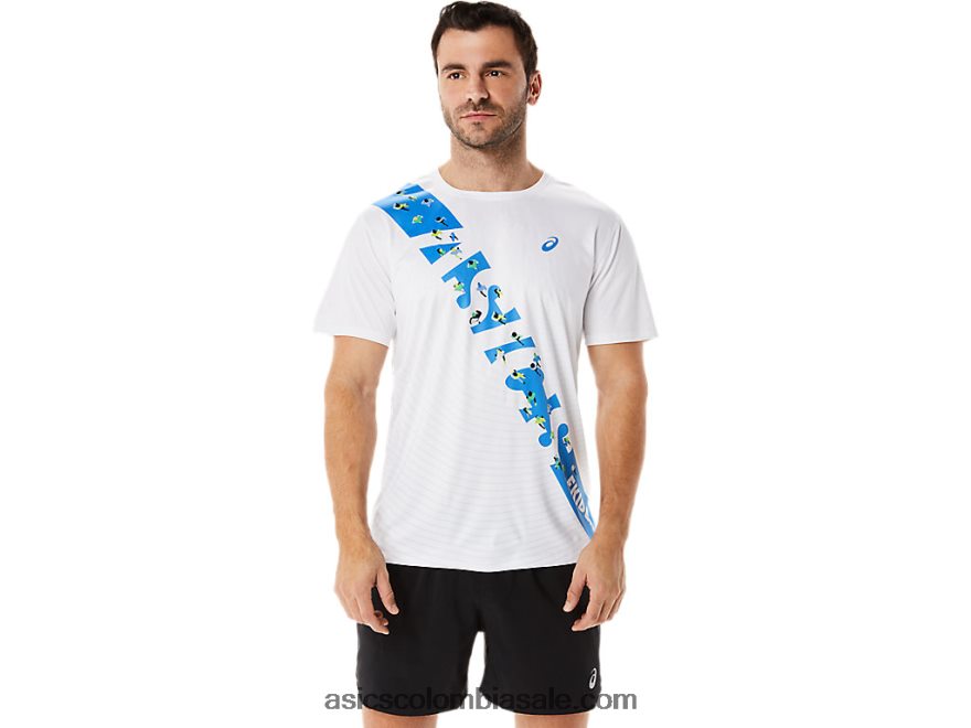 hombres Asics top de manga corta ekiden costa blanca/azul brillante 20X82N1101