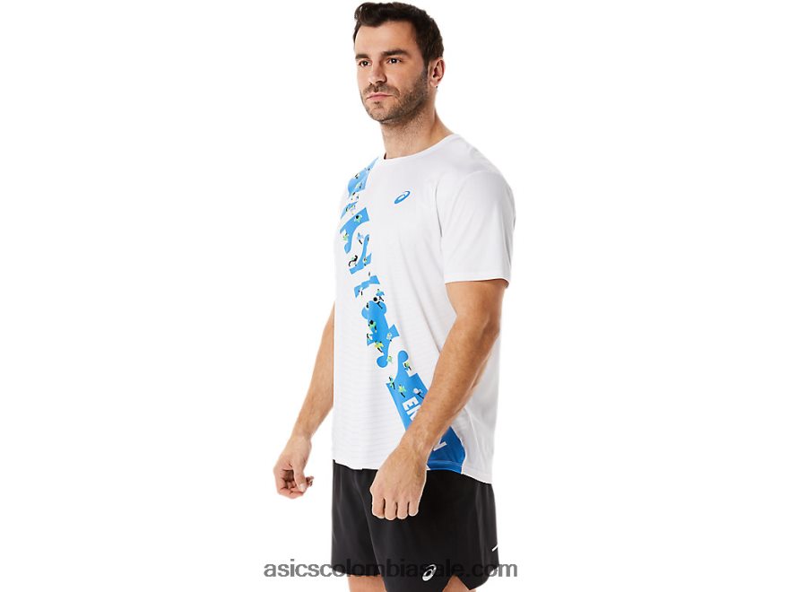 hombres Asics top de manga corta ekiden costa blanca/azul brillante 20X82N1101