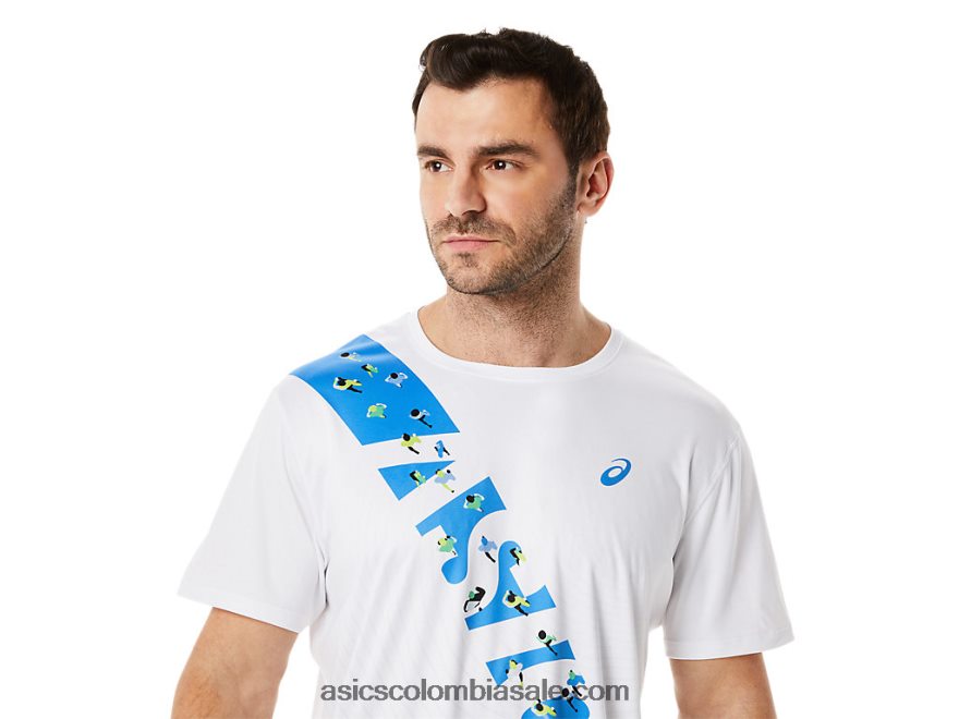 hombres Asics top de manga corta ekiden costa blanca/azul brillante 20X82N1101