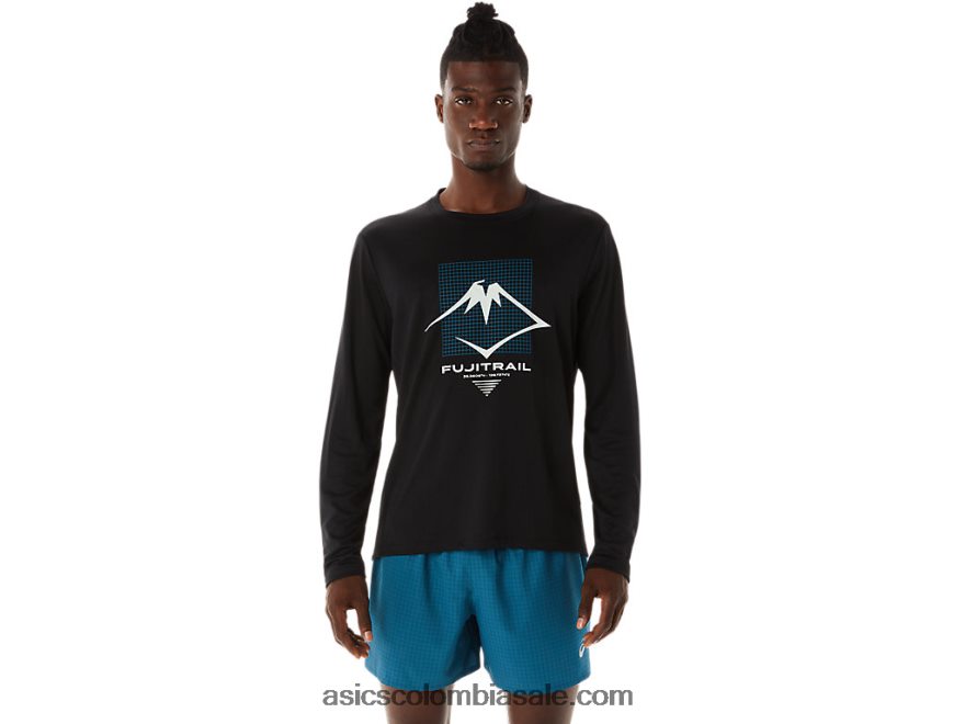 hombres Asics top de manga larga con logo fujitrail rendimiento negro 20X82N508
