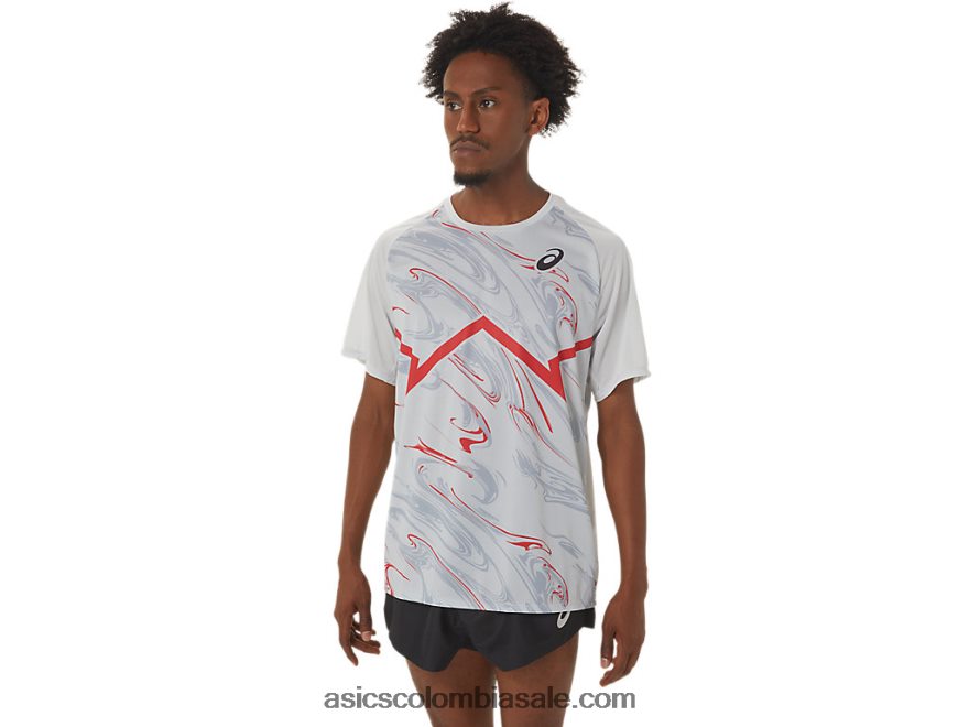 hombres Asics top ligero de manga corta cj-line gris glaciar/rojo eléctrico 20X82N258