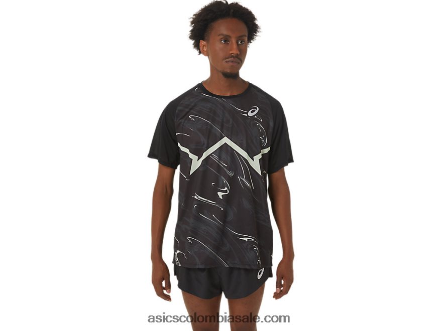 hombres Asics top ligero de manga corta cj-line rendimiento negro/verde susurro 20X82N255