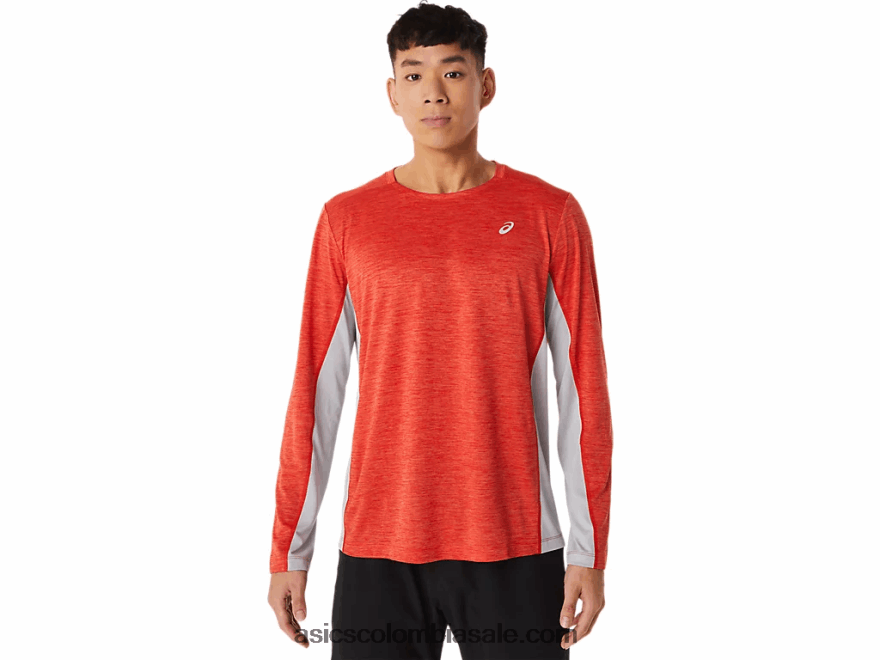 hombres Asics tren sana manga larga rojo fuego/gris piedmont 20X82N1423