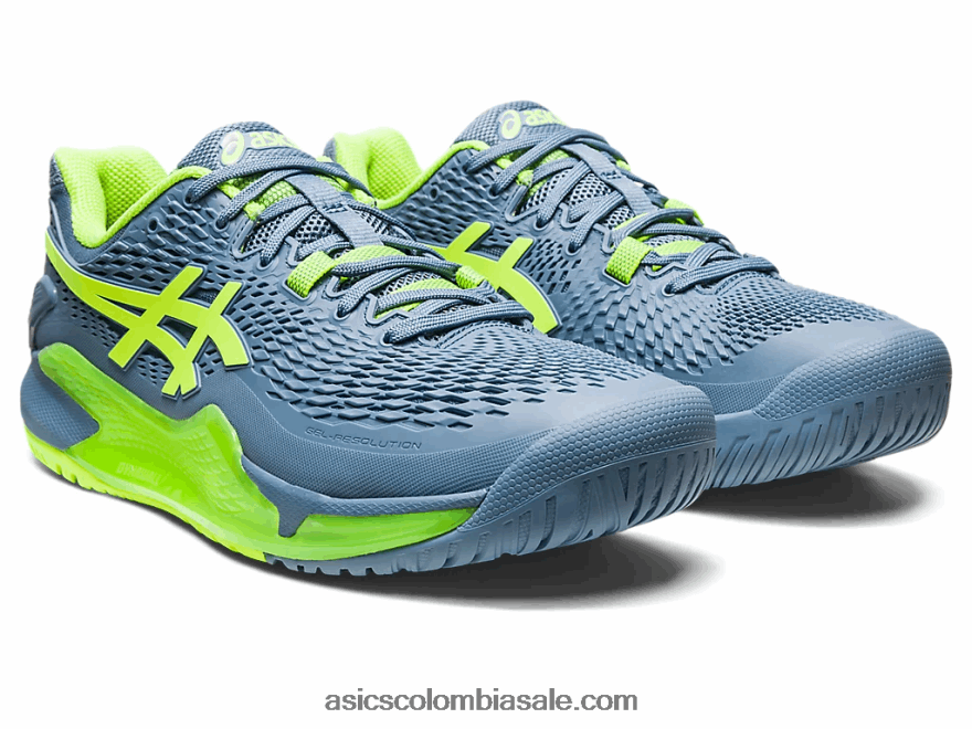 hombres Asics resolución de gel 9 de ancho azul acero/verde peligro 20X82N364