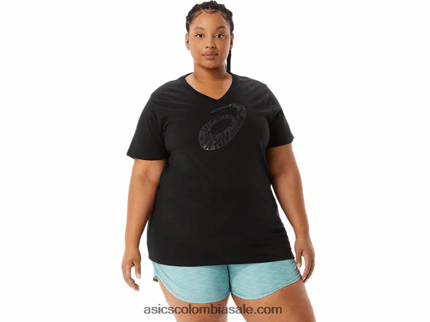 mujer Asics cuello de pico con estampado de tigre con aerógrafo en espiral 'a' rendimiento negro 20X82N3183