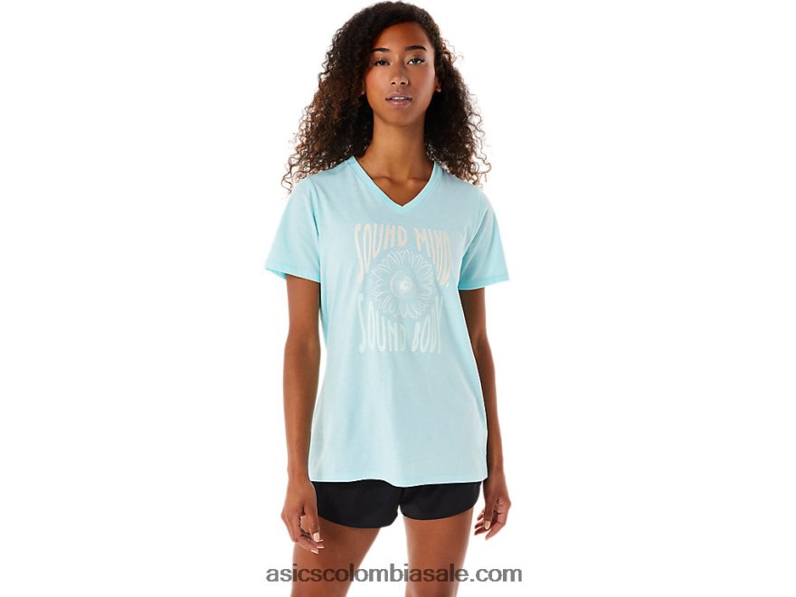 mujer Asics cuello en V con eslogan de girasol azul claro 20X82N3144