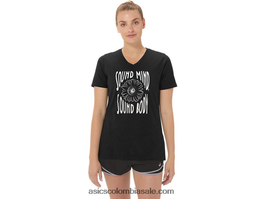 mujer Asics cuello en V con eslogan de girasol rendimiento negro 20X82N2191