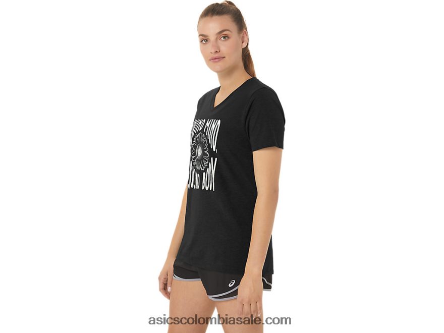 mujer Asics cuello en V con eslogan de girasol rendimiento negro 20X82N2191