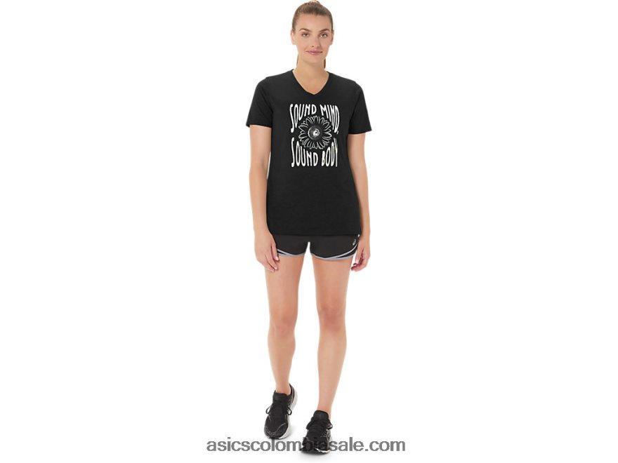mujer Asics cuello en V con eslogan de girasol rendimiento negro 20X82N2191