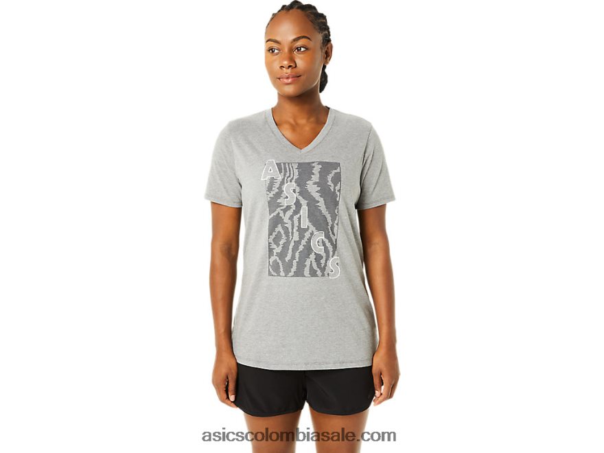 mujer Asics cuello en V estampado de manga corta brezo gris medio 20X82N3626