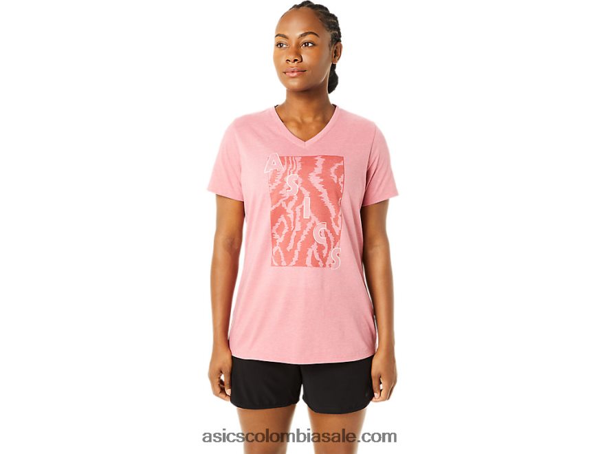 mujer Asics cuello en V estampado de manga corta brezo rosa ahumado 20X82N3707
