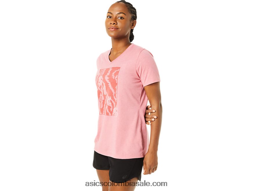 mujer Asics cuello en V estampado de manga corta brezo rosa ahumado 20X82N3707