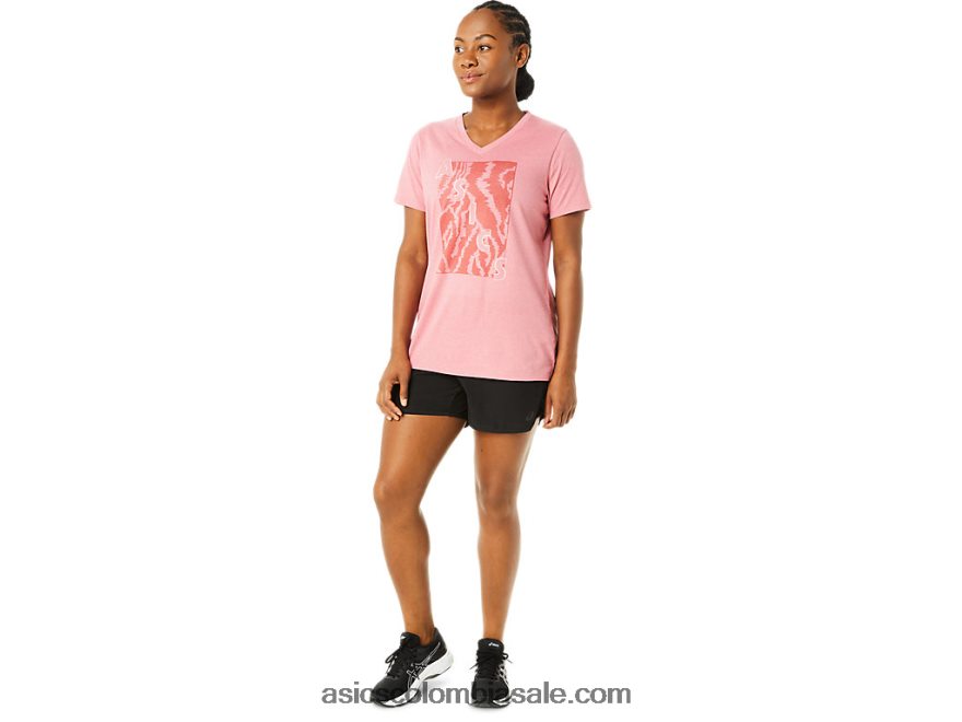 mujer Asics cuello en V estampado de manga corta brezo rosa ahumado 20X82N3707