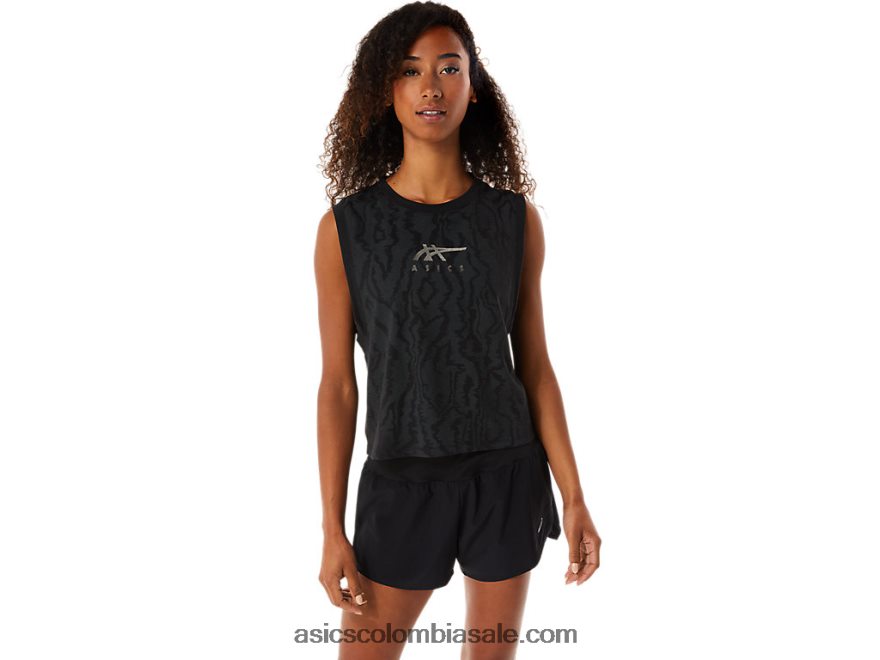 mujer Asics cultivo muscular estampado en toda la prenda rendimiento negro 20X82N3145