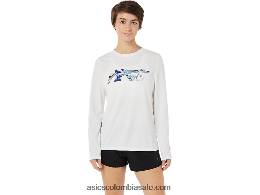 mujer Asics gráfico de manga larga ready-set ii blanco brillante 20X82N3609