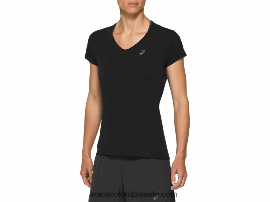 mujer Asics top de manga corta con cuello en V rendimiento negro 20X82N4183
