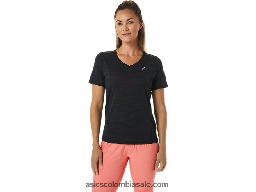 mujer Asics top de manga corta con cuello en v rendimiento negro/gris carbón 20X82N2448