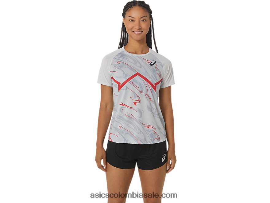 mujer Asics top ligero de manga corta cj-line gris glaciar/rojo eléctrico 20X82N2329
