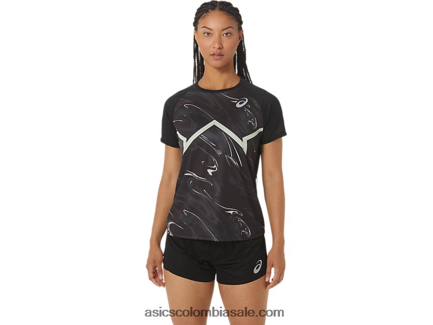 mujer Asics top ligero de manga corta cj-line rendimiento negro/verde susurro 20X82N2337