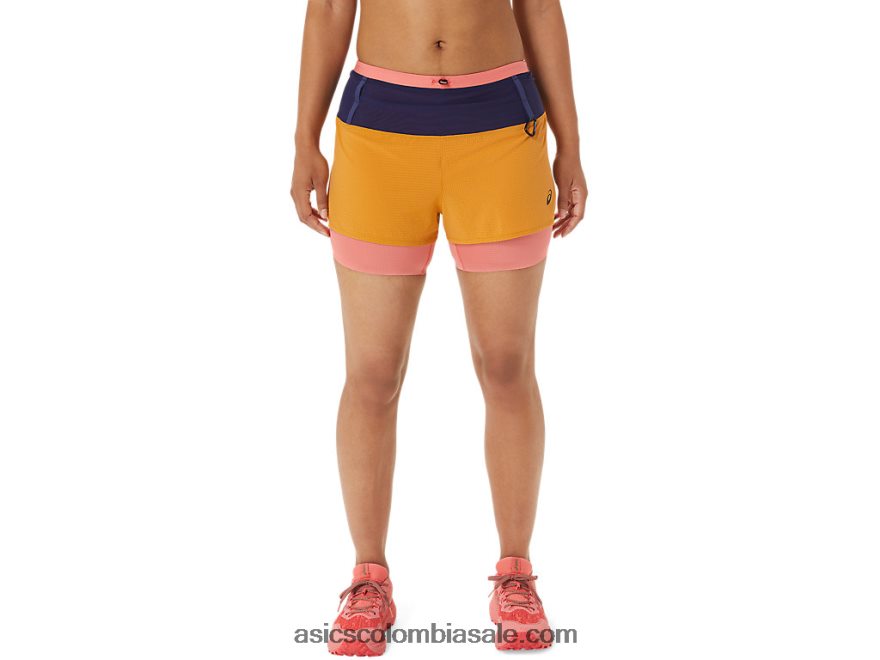 mujer Asics fujitrail 2-n-1 corto tormenta de arena/papaya 20X82N2537